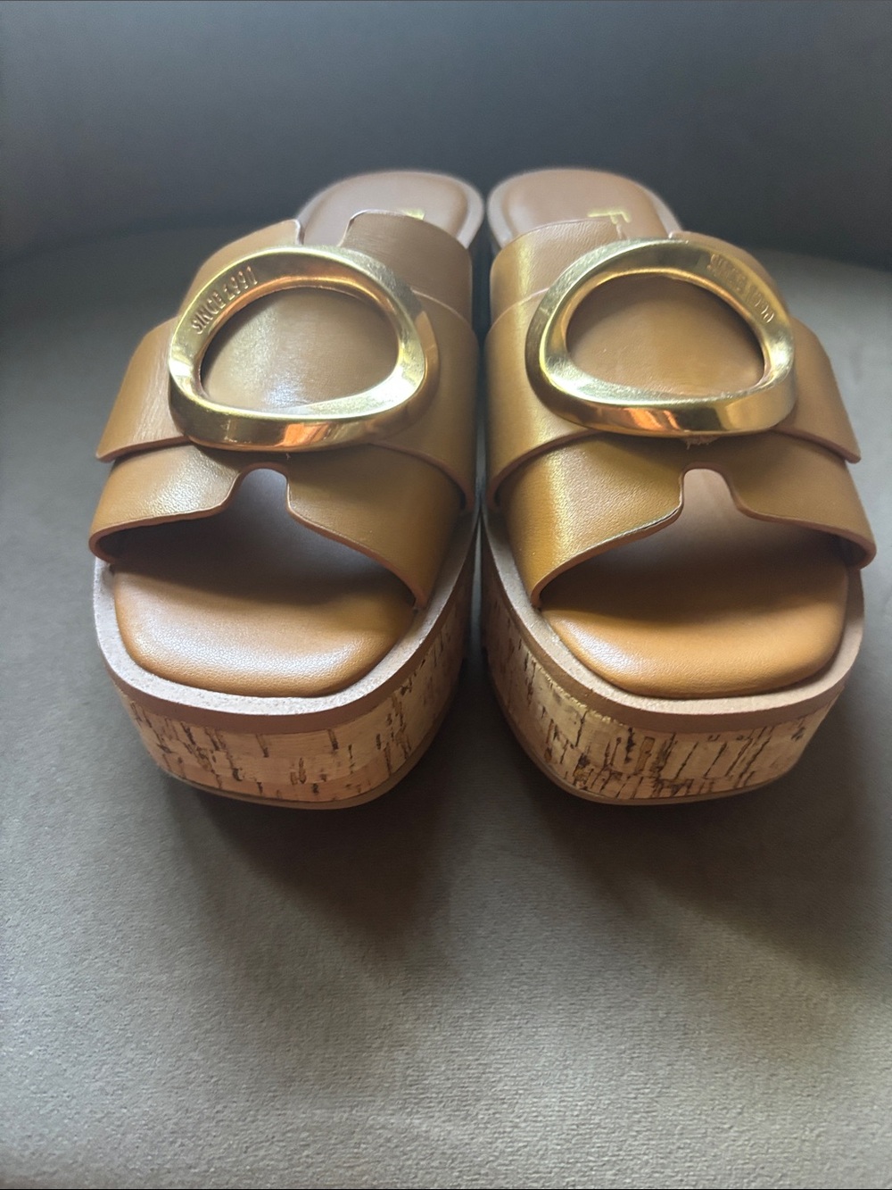 Franco Sarto Brown Cork Platform Slide Sandals with Gold Ring - Picture 2 of 4